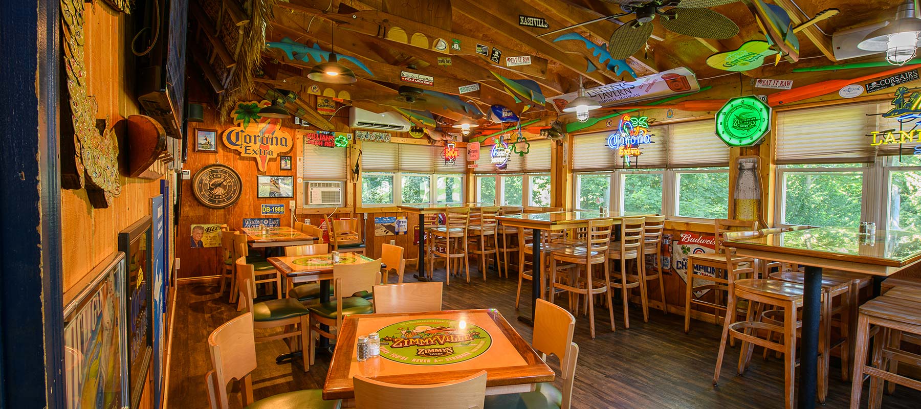 A bright, cheerful dining room at Zimmy's Tavern